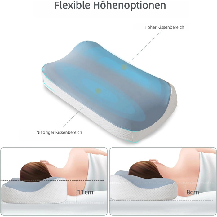 Подушка з піни з ефектом пам&39яті, ортопедична подушка для шиї для полегшення болю в шиї - ергономічна подушка для підтримки шиї для сну на боці та спині, висота 8/11 см, ідеально підходить для вузьких плечей, сертифікована Oeko-TEX