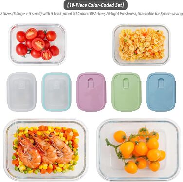 Контейнери для зберігання продуктів MerryNine з кришками, 10 скляних контейнерів для приготування їжі, герметичні скляні ланч-бокси, герметичні, для використання в мікрохвильовій печі, духовці, морозильній камері та посудомийній машині.