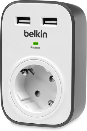 Розетка та захист від перенапруги, одностороння/1 вилка з захистом від перенапруги, захищена вилка з USB-роз'ємами x 2 (2,4 А), бі