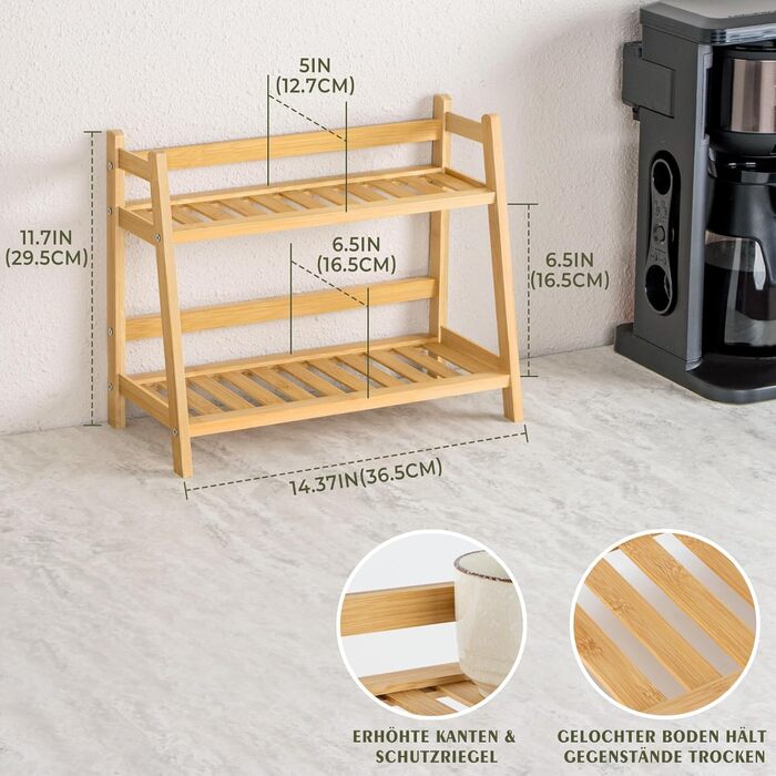 Бамбуковий кухонний органайзер, 2-рівнева полиця для чашок та спецій, підходить для зберігання аксесуарів для матчі та кави на кухні, вдома та в офісі