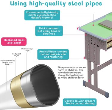 Дитячий комплект столу та стільця, регульований по висоті, для школи та університету, комплект столу та стільця з шухлядою для зберігання речей, ергономічний комплект стільців для роботи з гачком для рюкзака, підходить для дітей від