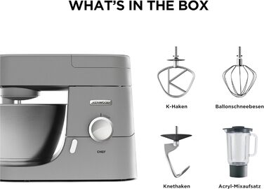 Кухонний комбайн Kenwood Chef KVC3110S, чаша для змішування з нержавіючої сталі 4,6 л, система безпеки з блокуванням, металевий корпус, 1000 Вт, включаючи набір для кондитерських виробів із 3 предметів і насадку для акрилового блендера, срібло