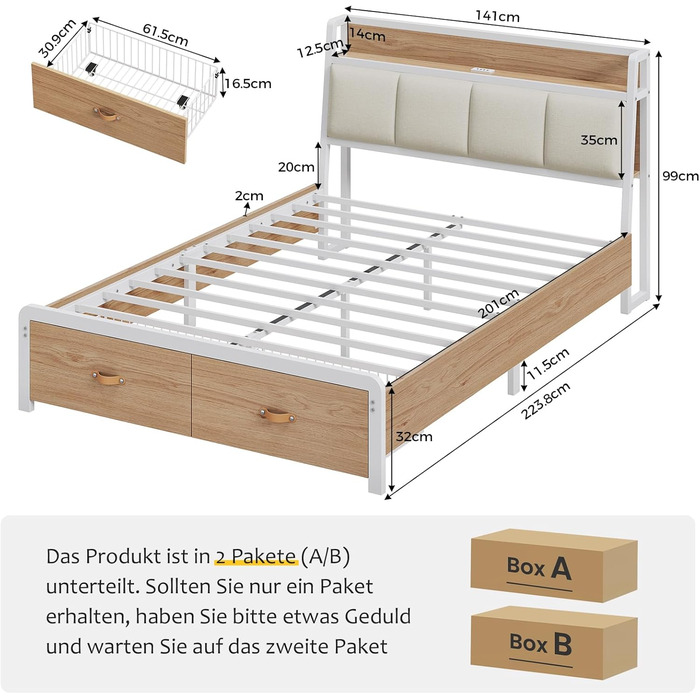 Ліжко 140x200 см, металевий каркас ліжка, основа ліжка з рейковою основою, зарядна станція, 2 шухляди, металевий каркас та дерев&39яне узголів&39я з місцем для зберігання, для спальні, гостьової кімнати, білий натуральний 140 x 200 см білий натуральний