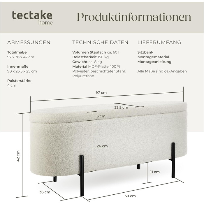 Лавка для зберігання tectake, скриня з кришкою, м&39яка лава/лава для зберігання/лава біля ліжка з місцем для зберігання, ящик для зберігання, скриня для зберігання, оббита тканиною букле в скандинавському стилі