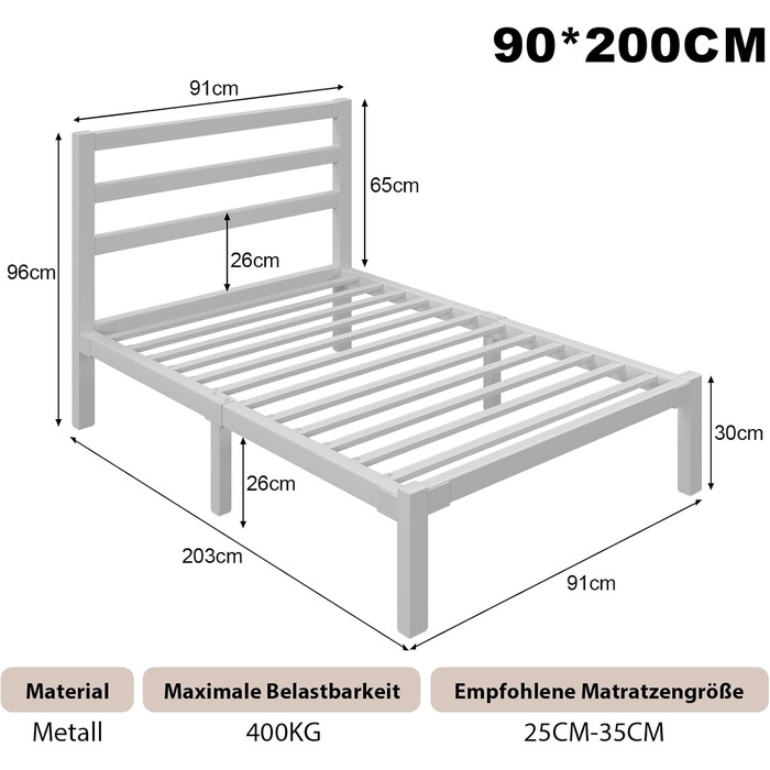 Ліжко 90200 см, металевий каркас ліжка з платформою, узголів&39ям та узніжжям, місце для зберігання речей під ліжком, рейкова основа не потрібна, легке складання, сучасне, біле 90 x 200 см