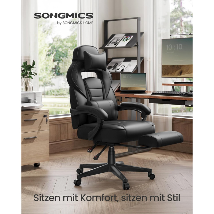 Ігрове крісло SONGMICS, офісне крісло з підставкою для ніг, робоче крісло з підголівником та поперековою опорою, регульована висота, ергономічне, вантажопідйомність до 150 кг, чорний колір OBG073B05 Колір чорнила чорний