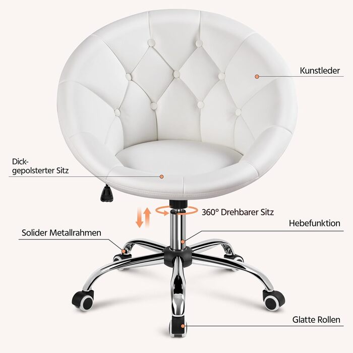 Крісло Yaheetech, Туалетне крісло, Крісло для домашнього офісу, Офісне крісло, Офісне крісло з регульованою висотою та м&39яким сидінням, Кругле поворотне крісло з колесами, Робоче крісло зі штучної шкіри, Біле