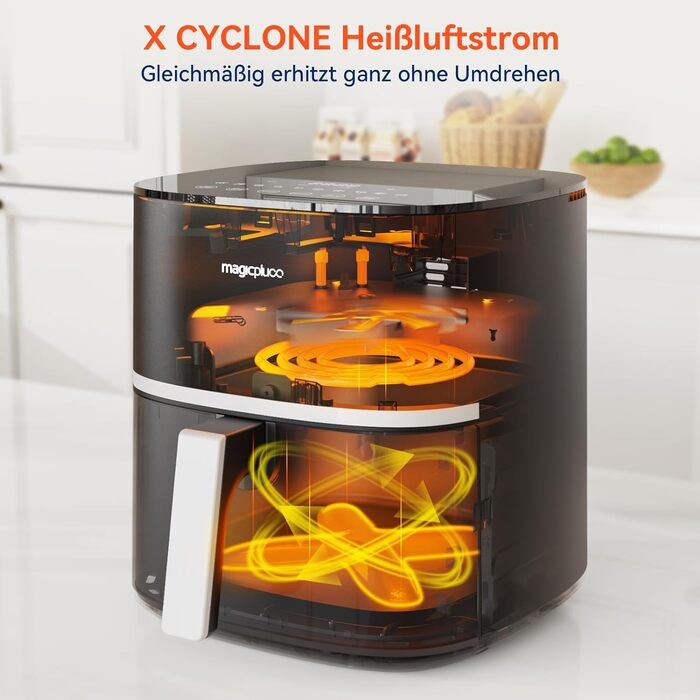 Фритюрниця magicplux 5.5 л XXL, фритюрниця 1500 Вт з 13 попередньо запрограмованими, з цифровим світлодіодним сенсорним екраном, технологія рівномірного нагрівання X CYCLONE AIR, з 21 рецептом, можна мити в посудомийній машині, чорний без вікон