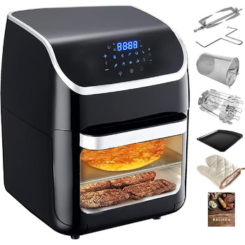 Фритюрниця PRIJESSE 12 л, багатофункціональна фритюрниця з гарячим повітрям, фритюрниця 1800 Вт зі світлодіодним сенсорним екраном, 10 програм, підтримка тепла та функція дегідратора, включаючи брошуру з рецептами та аксесуари 12 л Вертикальний екран