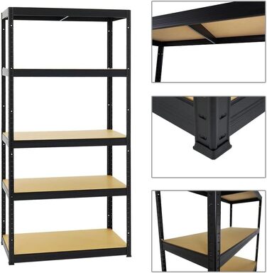 Надміцний стелаж, тонкий, чорний, 180x90x45 см, навантаження на полицю 350 кг, стелаж для підвалу, стелаж без болтів, гаражний стелаж, стелаж для зберігання 180x90x45 см, чорний