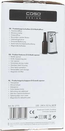 Мультивідкривач CASO D10 з високоякісним корпусом з нержавіючої сталі, універсальне використання в якості відкривачки для пляшок, точилки для ножів, консервного ножа, в т.ч. практичного втягування кабелю, магнітного тримача кришки, потужного двигуна