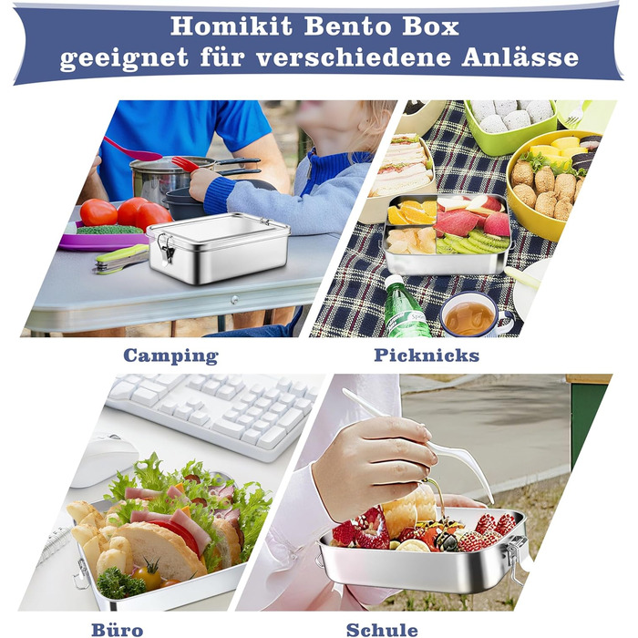 Ланчбокс Homikit з роздільниками, 1400 мл, нержавіюча сталь. Бенто-бокс для дітей та дорослих, герметичний металевий контейнер з ущільнювачем для школи, офісу, пікніка. Можна мити в посудомийній машині.