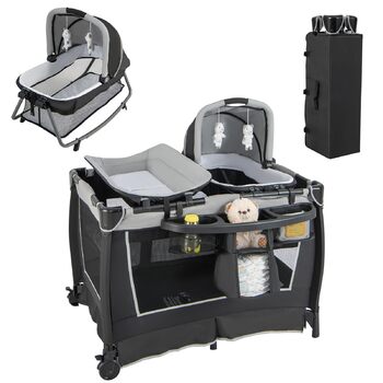 Складане дитяче ліжечко LIFEZEAL з тримачем для підгузків та сумкою для перенесення, знімне дорожнє ліжечко 4 в 1 з матрацом та пеленальний килимок, дитяче дорожнє ліжечко з музичним мобілем та лялькою, дитяча колиска для дітей від 0 до 36 місяців (сірий)