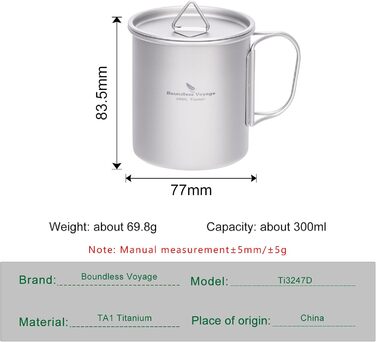 Титанова кружка Boundless Voyage з кришкою, для використання на свіжому повітрі, легка, для походів, подорожей з рюкзаком, кемпінгу (300 мл - сіра)