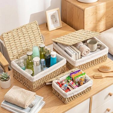 Набір із 3 кошиків для зберігання з кришками плетені кошики з паперової мотузки з металевим каркасом та підкладкою, 3 розміри, місце для зберігання речей у стилі бохо для ванної кімнати, пеленальний столик, органайзер та декор