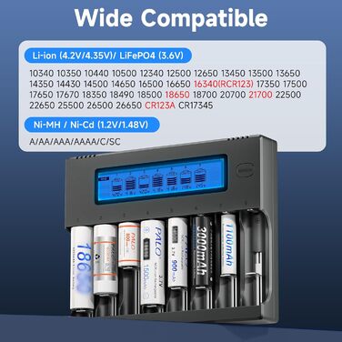 Інтелектуальний зарядний пристрій для акумуляторів 18650 - універсальний зарядний пристрій з 8 відсіками та РК-дисплеєм з функцією розрядки для літій-іонних акумуляторів 3,7 В 18650, 26650, 16340 (RCR123), 21700, 14500, 17500, CR123A та акумуляторних бата