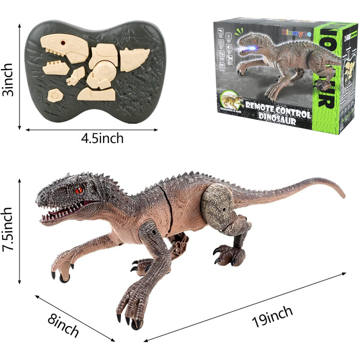 Іграшка динозавр Kizmyee, велоцираптор Діно на дистанційному управлінні для дітей, реалістичні рухи при ходьбі, ревіння, світяться очі і хитання головою, подарунок для хлопчиків і дівчаток сріблястий