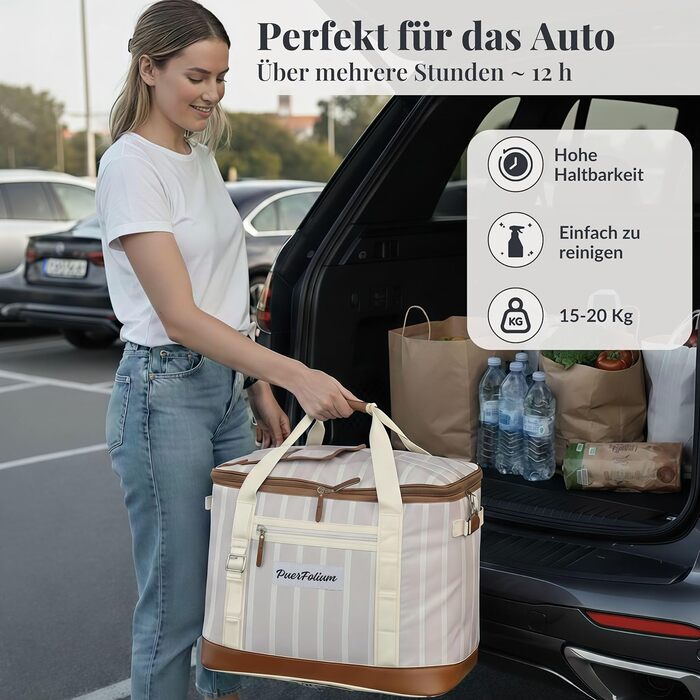 Велика складна сумка-холодильник 45 л для покупок, пляжу, пікніка, кошика для покупок, сумки для ланчу, термосумки, боксу-холодильника, портативна, пасивна, водонепроникна, 12 годин ізольована з клапаном, ретро XXL бежевий