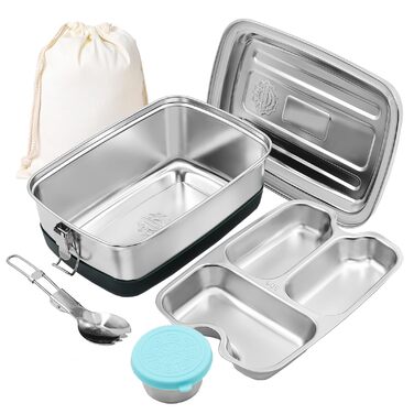 Ланчбокс iDattel з нержавіючої сталі, 2000 мл герметичний контейнер для обіду з роздільниками та силіконовою прокладкою, без BPA. Ідеально підходить для пікніків, школи, роботи. Металевий ланчбокс з текстильним чохлом для дорослих та дітей.