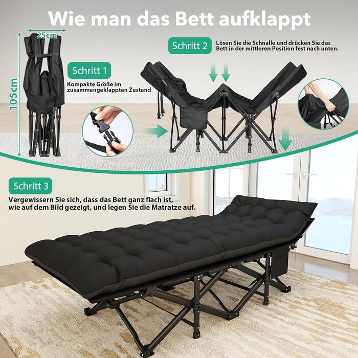 Розкладне похідне ліжко з матрацом, туристичне ліжко, легке, до 208 кг, гостьове ліжко, складне з сумкою для перенесення, сталеве туристичне ліжко для дорослих, для вулиці, приміщень, саду, подорожей, розкладне ліжко, чорне XL 190x735см