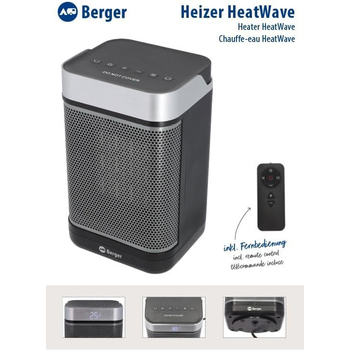 Керамічний вентилятор-обігрівач BERGER HeatWave з пультом дистанційного керування Тихий портативний обігрівач для кемпінгу, майстерні, офісу, ванної кімнати Швидко нагрівається за 3 секунди 3 режими нагріву Енергозберігаючий та безпечний