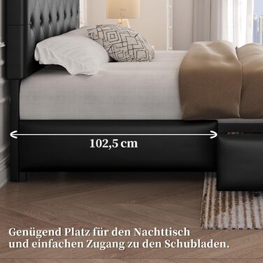 Ліжко Yaheetech з м&39якою оббивкою 140 x 200 см, двоспальне ліжко з 2 шухлядами, узголів&39ям з регульованою висотою, м&39яке ліжко з рейковою основою, багато місця для зберігання, чорний колір