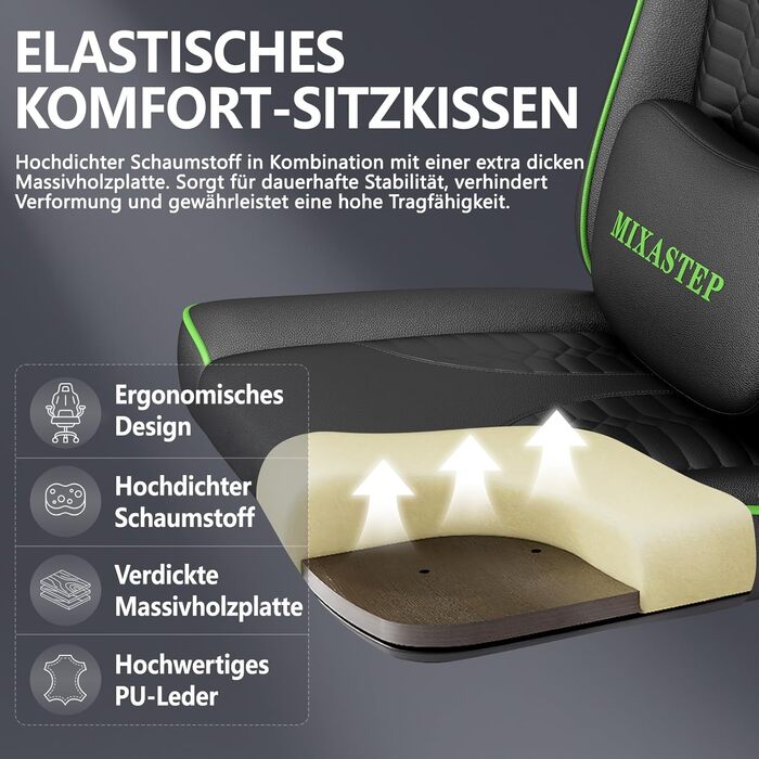 Ергономічне ігрове крісло, офісне крісло з підставкою для ніг, регульоване по висоті та нахилу, надзвичайно широке сидіння (51 см), ергономічна поперекова опора, вантажопідйомність до 150 кг, зелений колір