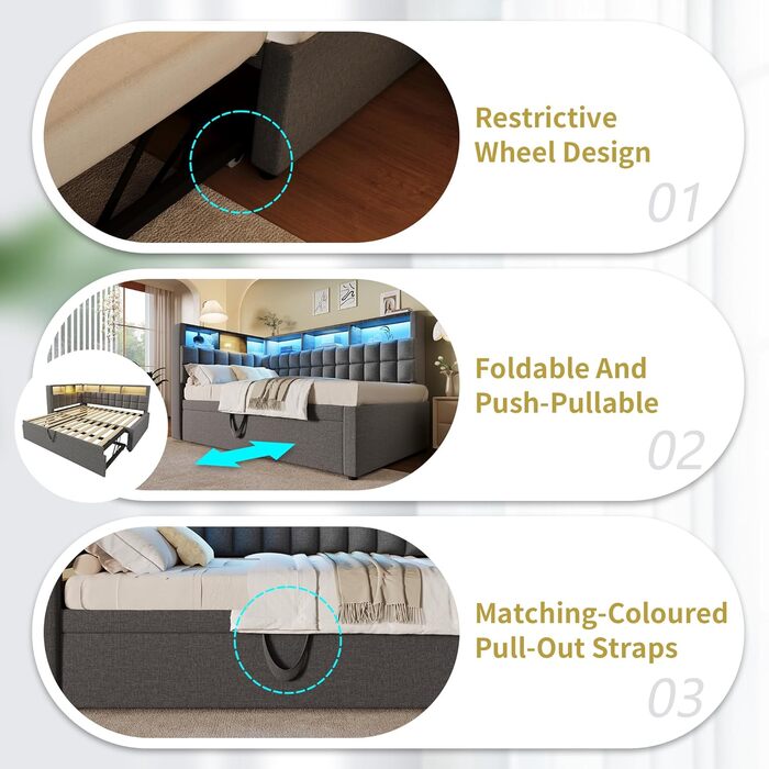 Кушетка 90x200 з висувним ліжком 90x190, диван-ліжко зі світлодіодним підсвічуванням, USB та Bluetooth, висувне ліжко-кушетка з рейковою основою, гостьове ліжко, без матраца, сірий, сірий F 90x200