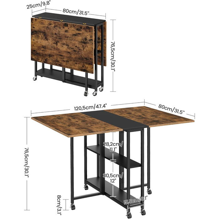 Розкладний обідній стіл, кухонний стіл, мобільний стіл, розкладний стіл з 6 коліщатками, що блокуються, та 2 полицями, для кухні, вітальні, квартири, сільський коричневий та чорний DTCZ01BF Рустикальний коричневий, чорний