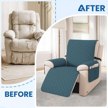 Водонепроникний чохол для крісла з 1-місним покриттям, чохол для крісла-реклайнера з кишенями, протиковзкий та стійкий до подряпин чохол для крісла, чохол для крісла з підлокітниками, підходить для дітей та домашніх тварин, темно-зелений, 1-місний (Д 59 с