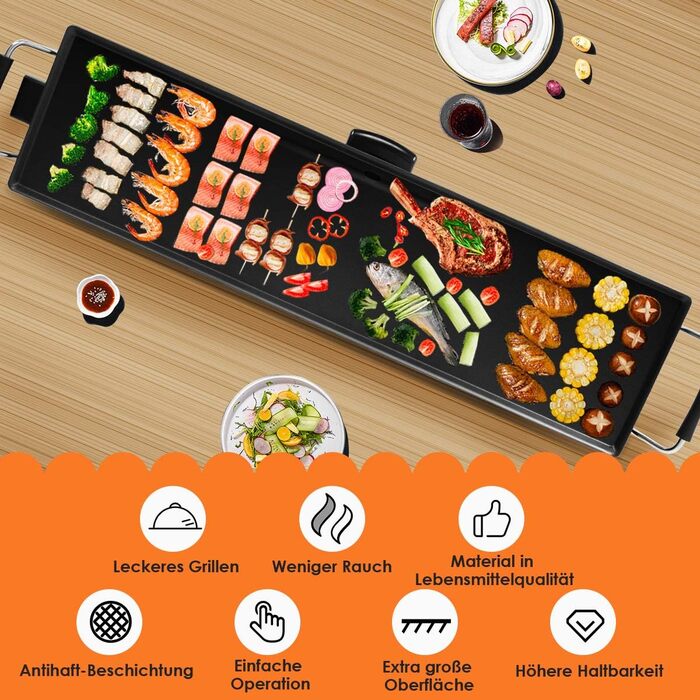 Гриль COSTWAY Teppanyaki 90x23см, електрична сковорода 1800 Вт, електричний гриль з антипригарним покриттям, 6 дерев'яних лопаток і кільце для яєць, що не прилипає, стіл гриль регулюється температурою