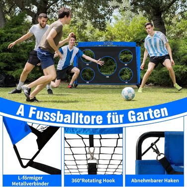 Футбольні ворота, стіна-мішень для дітей, вуличні футбольні ворота для дітей зі стіною-мішенню, висувні ворота 3-в-1 з 5 лунками для стрільби та сумкою для перенесення, кілки для землі, 3 мішені та 6 перешкод, сині