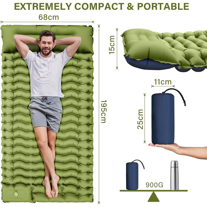 Килимок для сну в кемпінгу, надувний матрац для кемпінгу з ножним насосом та подушкою, компактний та легкий надувний матрац для походів та пляжу Green-1