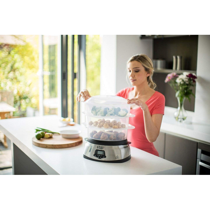 Пароварка Russell Hobbs велика 10,5 л (цифровий дисплей програмований таймер, 3 контейнери для пароварки, які можна мити в посудомийній машині миска для рису / рисоварка 8 тримачів для яєць / яйцеварка, без BPA) 23560-56