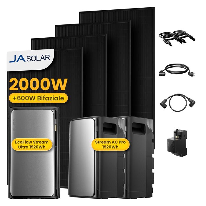 Універсальна балконна електростанція потужністю 2000 Вт з накопичувачем 5760 Втгод, ECOFLOW STREAM Ultra з 2AC Pro, розумним лічильником та повним комплектом аксесуарів, 4 повністю чорні двосторонні сонячні панелі потужністю 500 Вт, plug & play (0 ПДВ) бе
