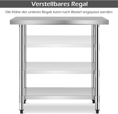 Кухонний стіл COSTWAY з нержавіючої сталі з регульованою по висоті полицею, робочий стіл, стіл для кейтерингу, стіл для приготування їжі з нержавіючої сталі з проміжною полицею (92x690 см)