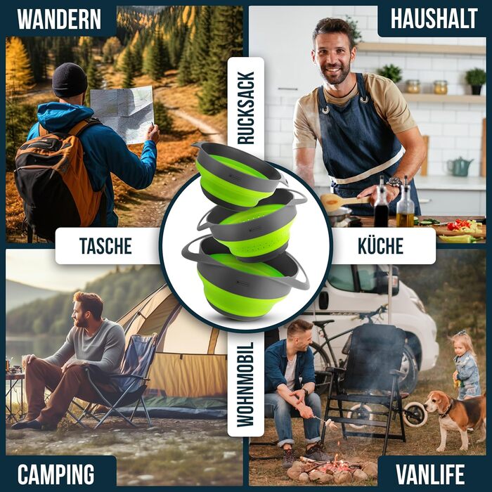 Складаний набір мисок 3-в-1 з ситечком, 1,7 л / 2,8 л, багатофункціональний, можна мити в посудомийній машині, компактний варіант для дому та кухні на природі, антрацитово-зелений