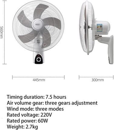 Настінний вентилятор, побутовий настінний вентилятор, підвісний тип, потужний настінний вентилятор з дистанційним керуванням і хитною головкою, тришвидкісна швидкість вітру, запланована зустріч, дистанційне керування