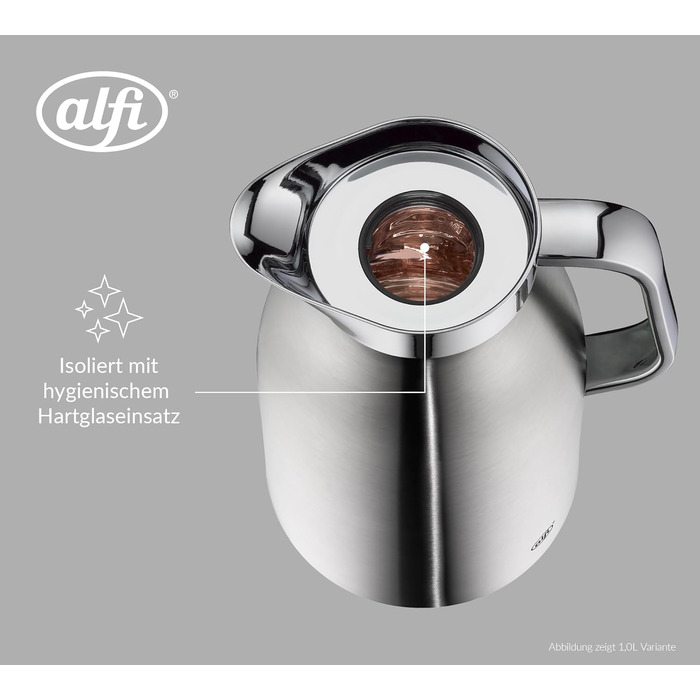 Термос alfi SKYLINE 1,5 л, матова нержавіюча сталь, з гігієнічним загартованим скляним вкладишем, кришка з поворотним замком та зручною кнопкою, ергономічна ручка, керування однією рукою, ідеально підходить як кавник