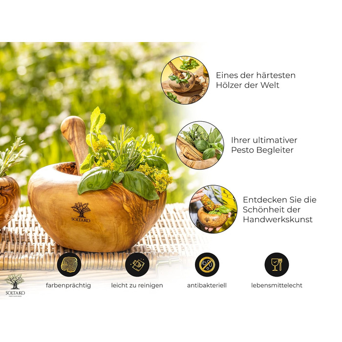 Набір розчинів і пестликів SOLTAKO з оливкового дерева - Ступка - Дерев'яна ступка - Екологічна трава, Розчин для спецій Ø Діаметр