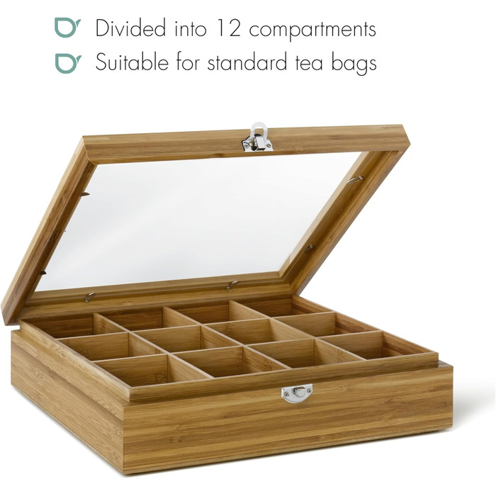 Велика легка дерев&39яна коробка для чайних пакетиків Bredemeijer з 12 відділеннями та оглядовим віконцем, довжиною 28 см.