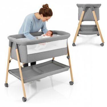 Дитяче ліжечко Moby-System Mili Дорожнє ліжечко 06 місяців, Складане з матрацом, Сітчасті боковини, Місце для зберігання, Колеса з гальмом, Легке та стійке, Сірого кольору, Для новонароджених, Приліжкове ліжечко без свердління, Макс. 9 кг.