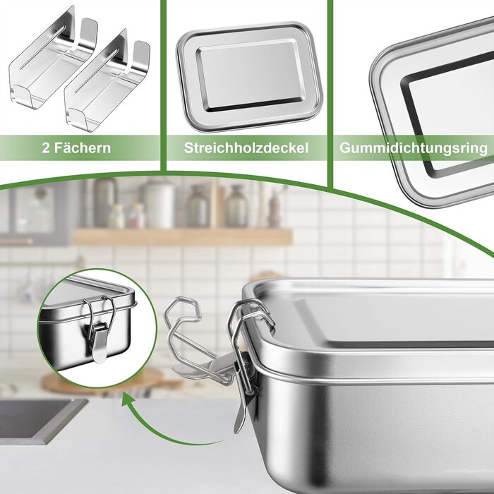 Ланчбокс Homikit з роздільниками, 850 мл, нержавіюча сталь. Бенто-бокс для дітей та дорослих, контейнер для обіду на пікнік, в школу та на роботу. Герметичний, з ущільнювальним кільцем та знімною перегородкою.