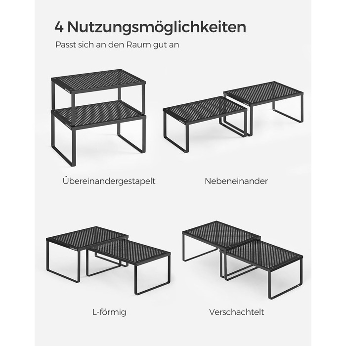Стійка для спецій, Набір з 4 шт. , Кухонна полиця, Кухонний органайзер, Кухня, Тримач для спецій, Розширюваний, Штабелюється, Маленька полиця, Метал, Чорнильно-чорний KCS006B01