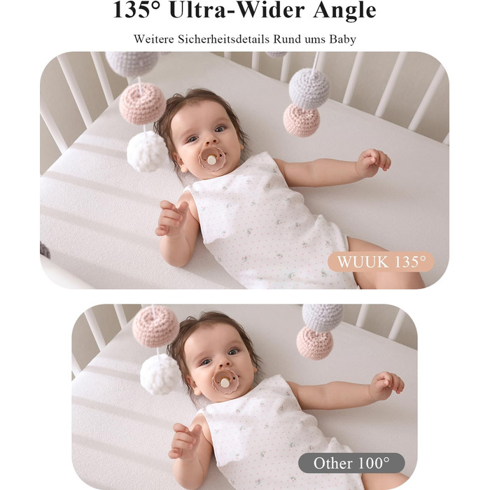 Радіоняня WUUK 2K з 2 камерами та додатком, 5,5-дюймовий дисплей із PTZ-монітором на 360, 10-кратне збільшення, стабільне зєднання