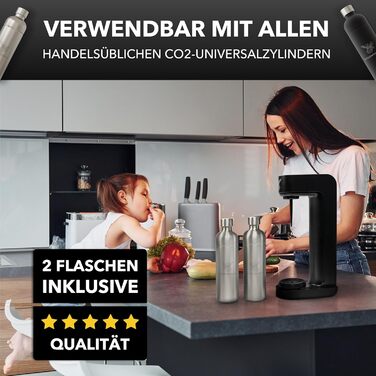 Виробник газованої води Luckymoose Infinity з 2 пляшками з нержавіючої сталі 1,25 л - Економить до 25 CO2 завдяки автоматичній зупинці - Пляшки можна мити в посудомийній машині та без терміну придатності (2 шт. нержавіюча сталь)