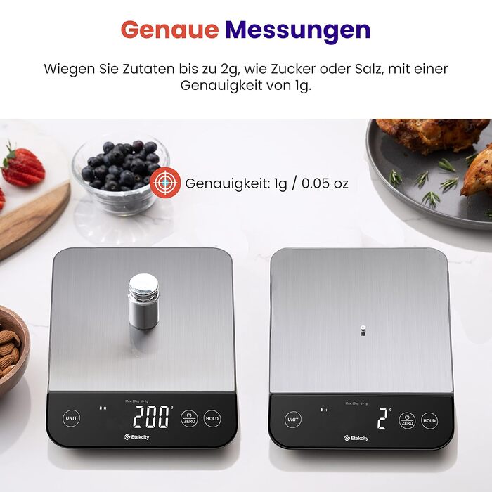 Кухонні ваги ETEKCITY цифрові, з великою пластиною з харчової нержавіючої сталі, зарядка від USB, водонепроникні 10 кг зі світлоді