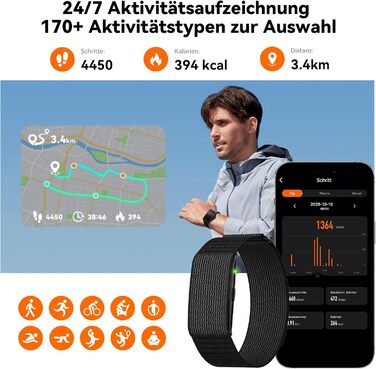 Фітнес-трекер для чоловіків та жінок без дисплея, смарт-браслет, цілодобовий відстежувач активності та сну з аналізом серцевого ритму та штучним інтелектом, 60-денний час роботи від батареї, понад 170 спортивних режимів, без підписки, чорний