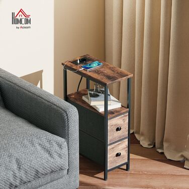 Журнальний столик HOMCOM, приставний столик із зарядною станцією, сталевий каркас, вузький столик для вітальні з 2 тканинними шухлядами, відкритим відділенням, розеткою, портами USB та USB-C, журнальний столик для вітальні, рустикальний коричневий