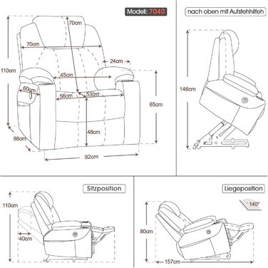 Електричне крісло-реклайнер для телевізора з функцією підйому, крісло-реклайнер з функцією нахилу на 140, регульоване за допомогою кнопки та пульта дистанційного керування, 7040 (тканина, бежевий) Бежева тканина
